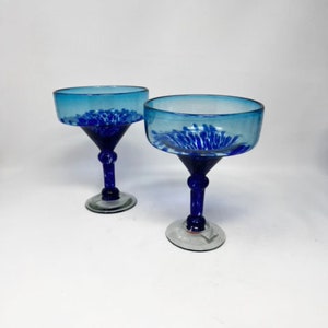 2 Hand Blown Margarita Glasses - Turquoise Deep Sea Base