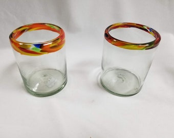 2 Hand Blown Low Ball Tumbler Glasses - Confetti Rim