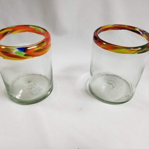 2 Hand Blown Low Ball Tumbler Glasses - Confetti Rim
