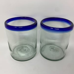 2 Hand Blown Low Ball Glasses - Cobalt Blue Rim