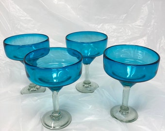 4 Hand Blown Margarita Glasses - Solid Turquoise