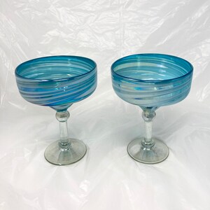 2 Hand Blown Margarita Glasses - Turquoise/White Swirl