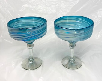 2 Hand Blown Margarita Glasses - Turquoise/White Swirl