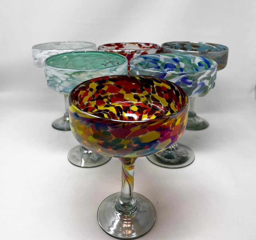 6 Hand Blown Margarita Glasses Assorted Iridescent Confetti Etsy