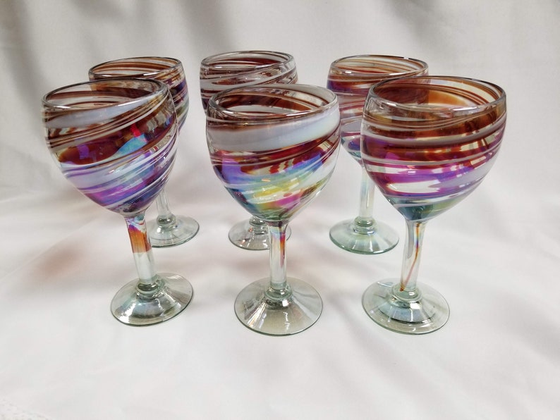 6 Hand Blown Wine Glasses Red White Iridescent Swirl