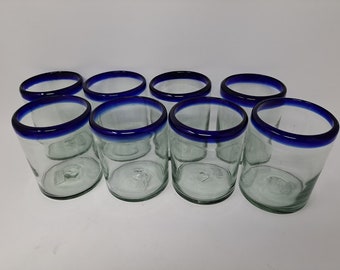 8 Hand Blown Low Ball Glasses - Cobalt Blue Rim