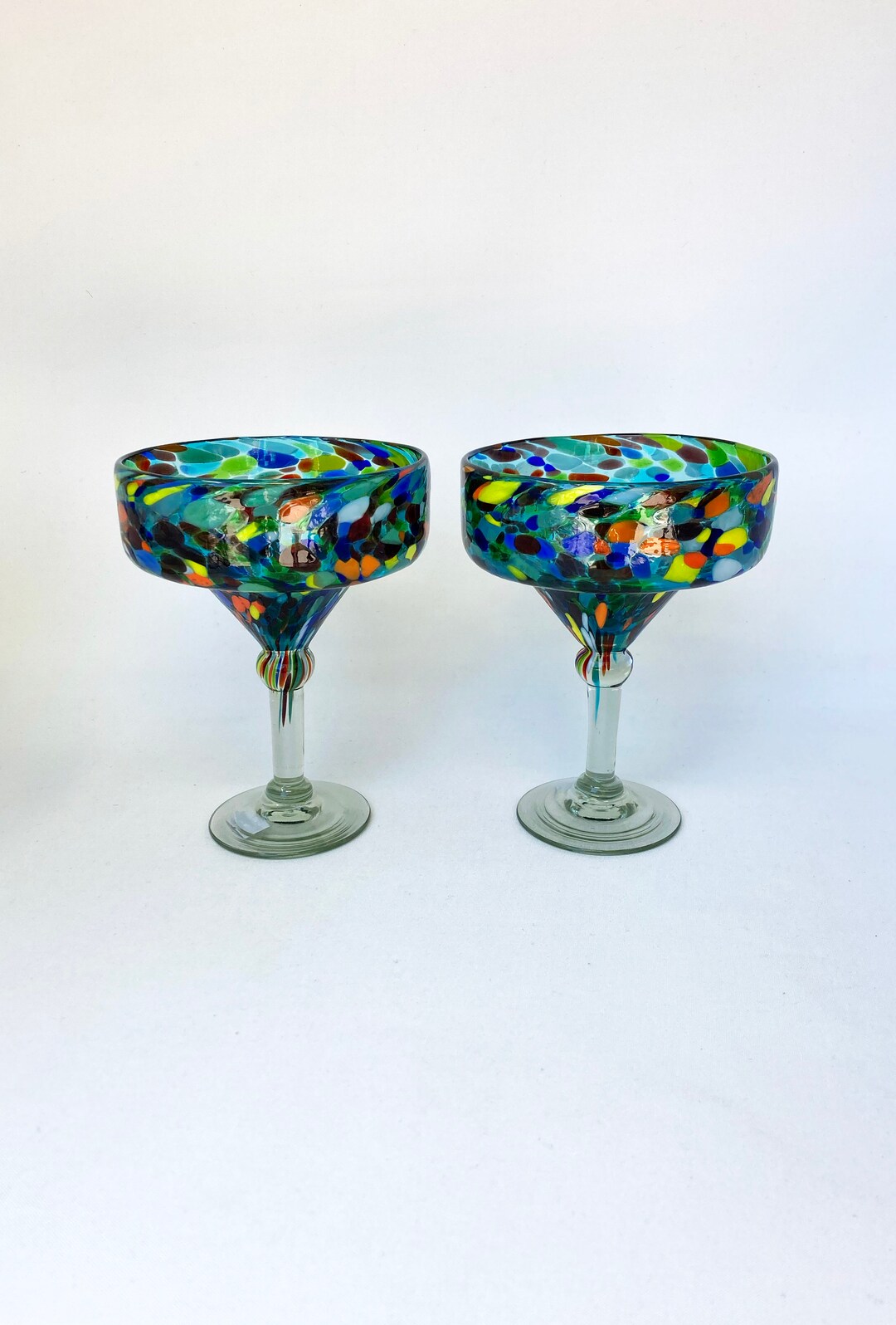 2 Hand Blown Margarita Glasses Turquoise Confetti Etsy