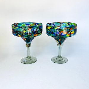 2 Hand Blown Margarita Glasses - Turquoise Confetti