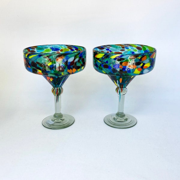 2 Hand Blown Margarita Glasses - Turquoise Confetti