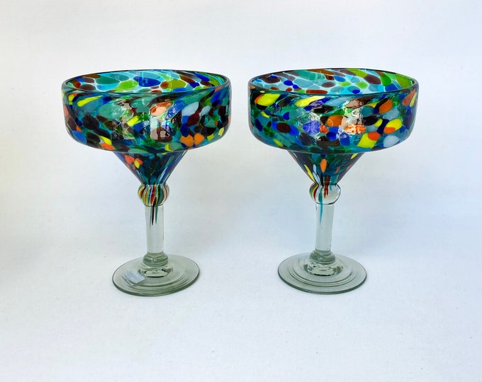2 Hand Blown Margarita Glasses - Turquoise Confetti