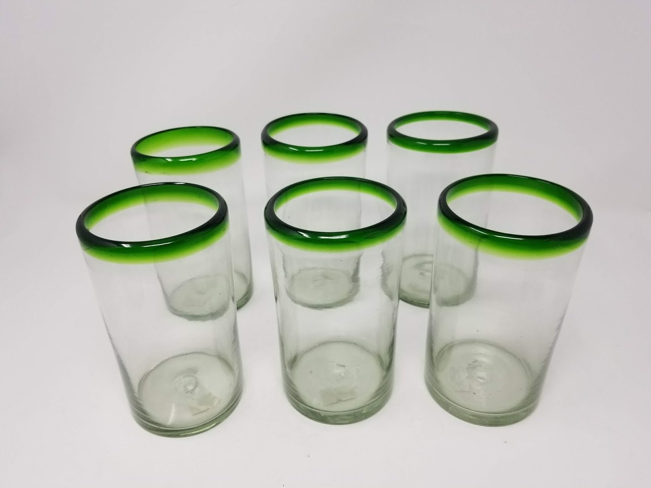 Handblown Glass Clear and Green Water Glasses Set of 6 - Conical