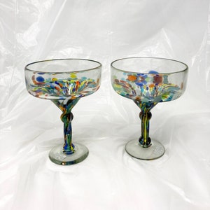 2 Hand Blown Margarita Glasses - Confetti Base