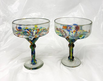 2 Hand Blown Margarita Glasses - Confetti Base