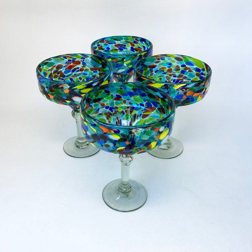 Pebbled Pitcher Mexican Margarita Glasses Hand Blown Confetti Etsy
