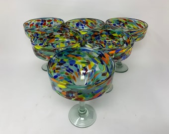 6 Hand Blown Margarita Glasses - Clear Confetti