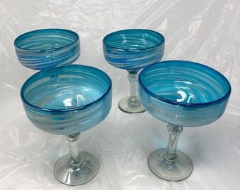 4 Hand Blown Margarita Glasses - Turquoise/White Swirl