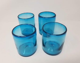 4 Hand Blown Low Ball Tumbler Glasses - Solid Turquoise