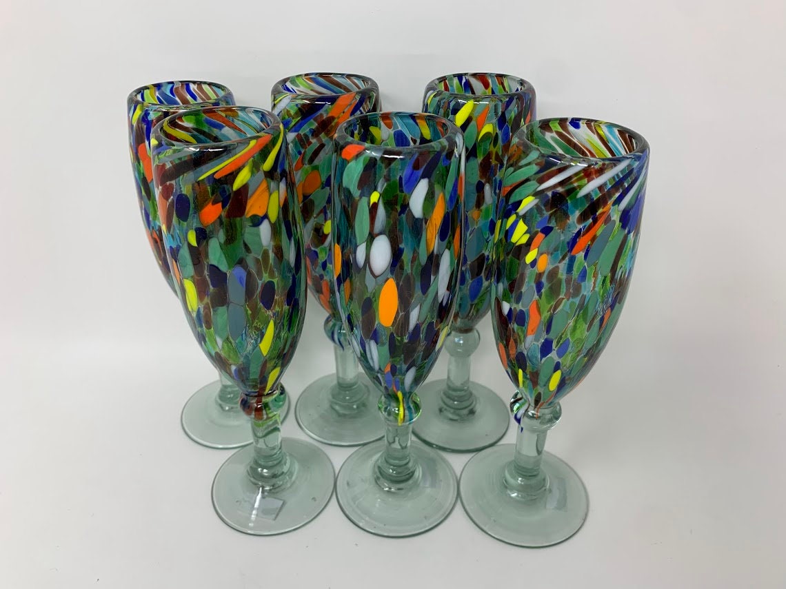 Murano Style Glass Rainbow Confetti Wine Glasses Set Of 6