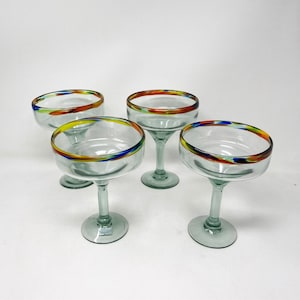 4 Hand Blown Margarita Glasses - Confetti Rim