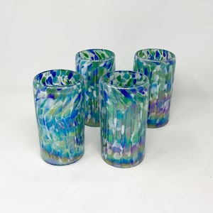 4 Hand Blown Water Glasses - Aegean Blue Iridescent