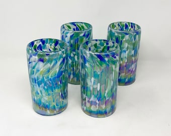 4 Hand Blown Water Glasses - Aegean Blue Iridescent