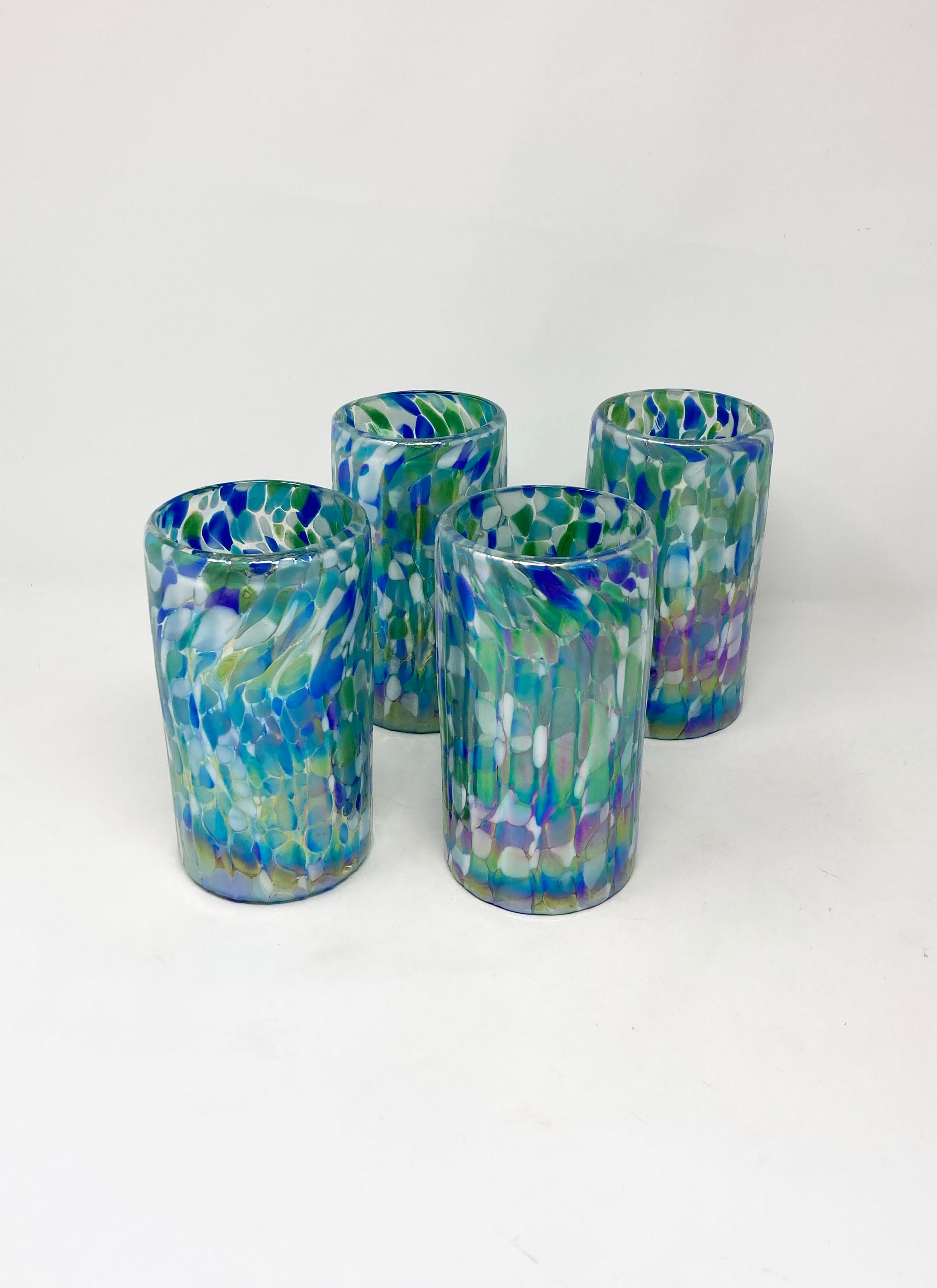 手吹きウォーターグラス 4 個 - エーゲ海ブルーの虹色 - Etsy 日本