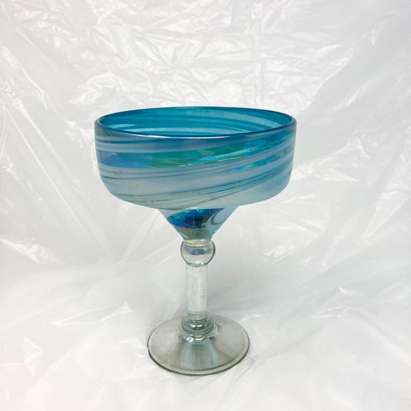 1 Hand Blown Margarita Glass - Turquoise/White Swirl