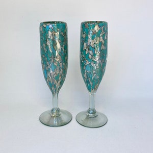 2 Hand Blown Champagne Glasses - Teal/Tan Confetti
