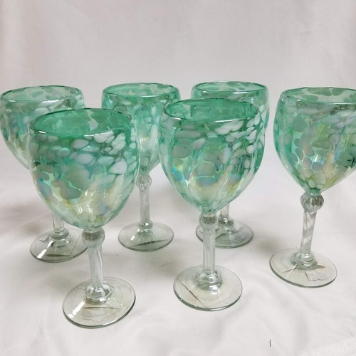 2 Hand Blown Wine Glasses Aegean Green Etsy