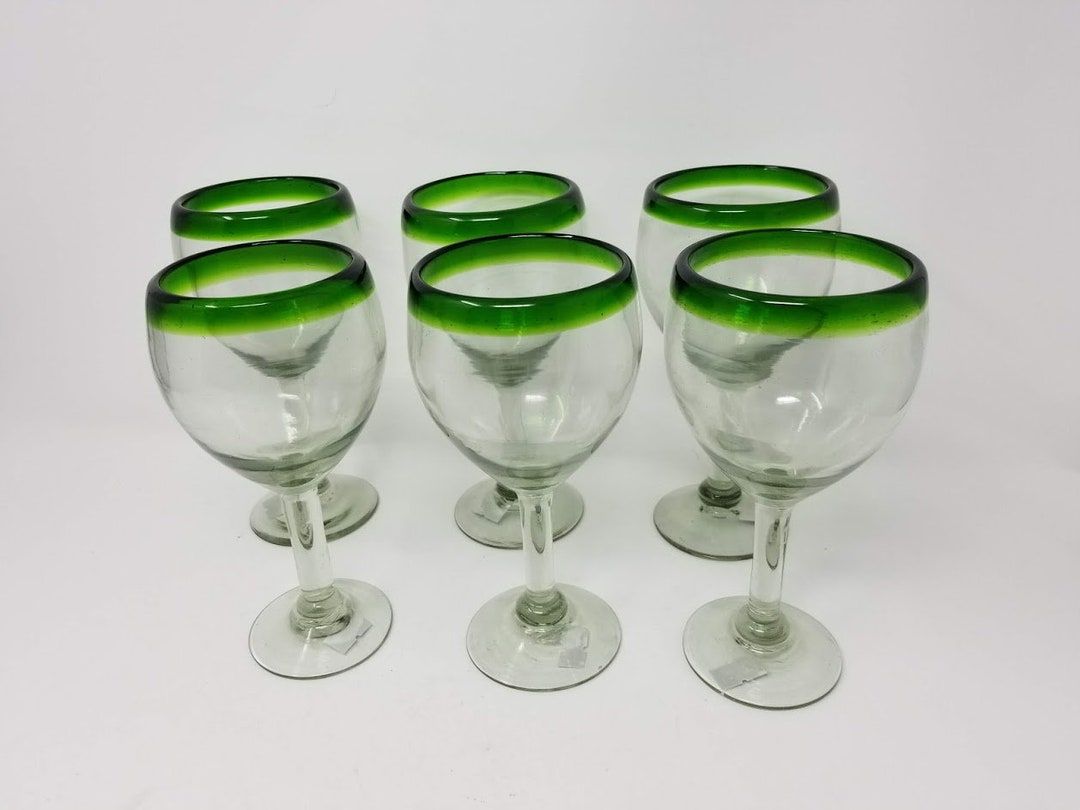 6 Hand Blown Wine Glasses Green Rim Etsy