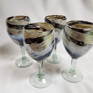 4 Hand Blown Wine Glasses  -  Mocha/Cream Swirl