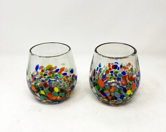 2 Stemless Wine Glasses -  Confetti Base