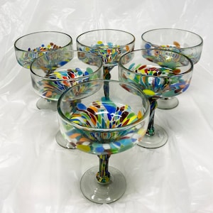 6 Hand Blown Margarita Glasses - Confetti Base