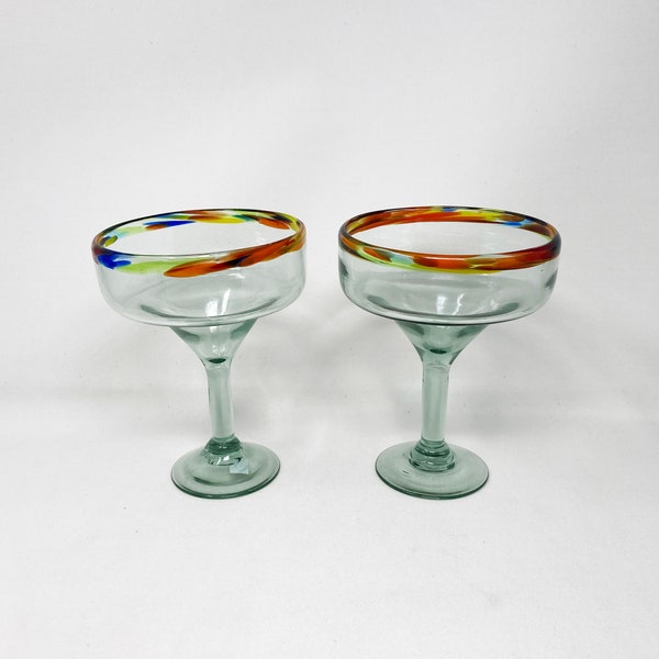 2 Hand Blown Margarita Glasses - Confetti Rim