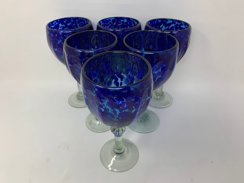 6 Hand Blown Wine Glasses Blue Ocean Etsy