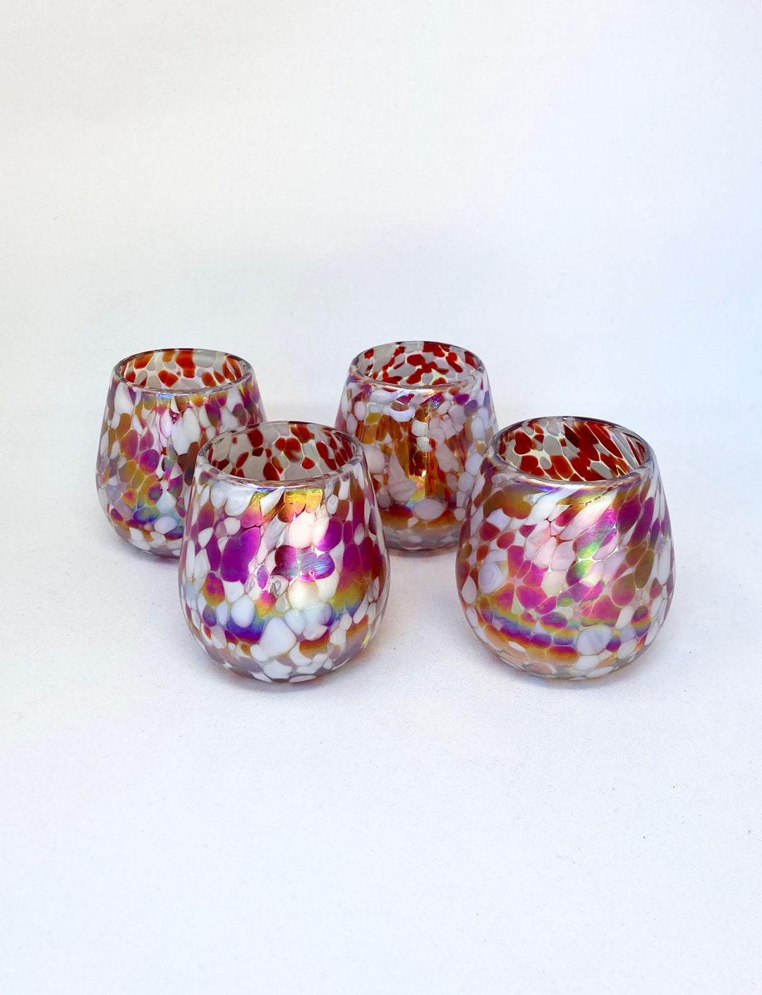 4 Stemless Wine Glasses Red/white Iridescent Confetti Etsy