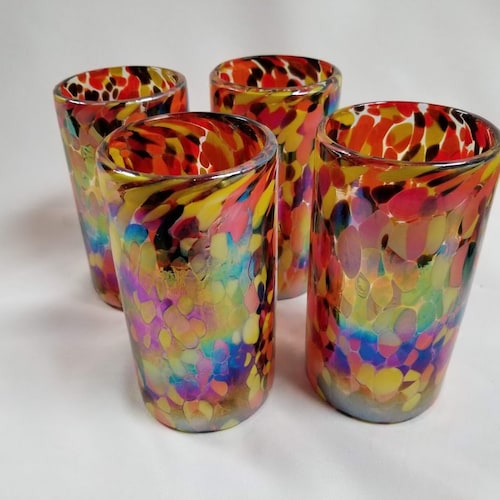 4 Hand Blown Water Glasses Green Rim Etsy