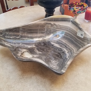 Onyx bowl -  Curved Edge - Black, gray, and cream with a touch of yellow. #14061