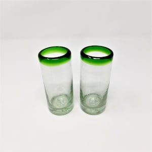 2 Hand Blown Shot Glasses Green Rim  (FREE SHIPPING)