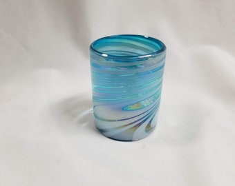 1 Hand Blown Low Ball Tumbler Glass - Turquoise/White Swirl