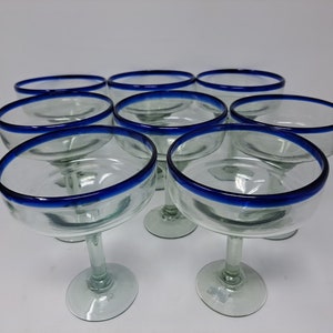 8 Hand Blown Margarita Glasses - Cobalt Blue Rim