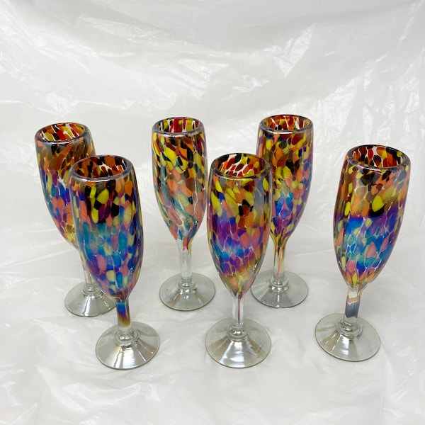 6 Hand Blown Champagne Glasses  - Red/Orange Iridescent Confetti