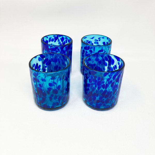 4 Hand Blown Low Ball Tumbler Glasses -  Ocean Leopard