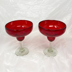 2 Hand Blown Margarita Glasses - Solid Red