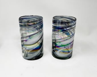 2 Hand Blown Water Glasses - Purple/White Iridescent Swirl