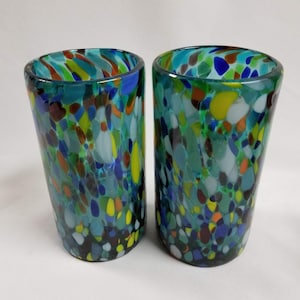 2 Hand Blown Water Glasses - Turquoise Confetti