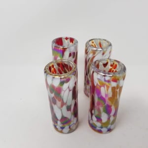 4 Hand Blown Shot Glasses - Red/White Iridescent Confetti