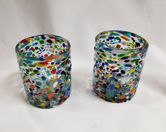 2 Hand Blown Low Ball Tumbler Glasses - Rainbow Graniti