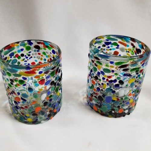 2 Hand Blown Low Ball Tumbler Glasses Rainbow Graniti Etsy