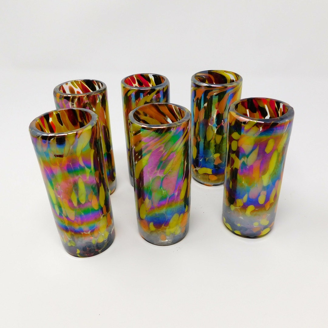 6 Hand Blown Shot Glasses Red/orange Iridescent Confetti Etsy